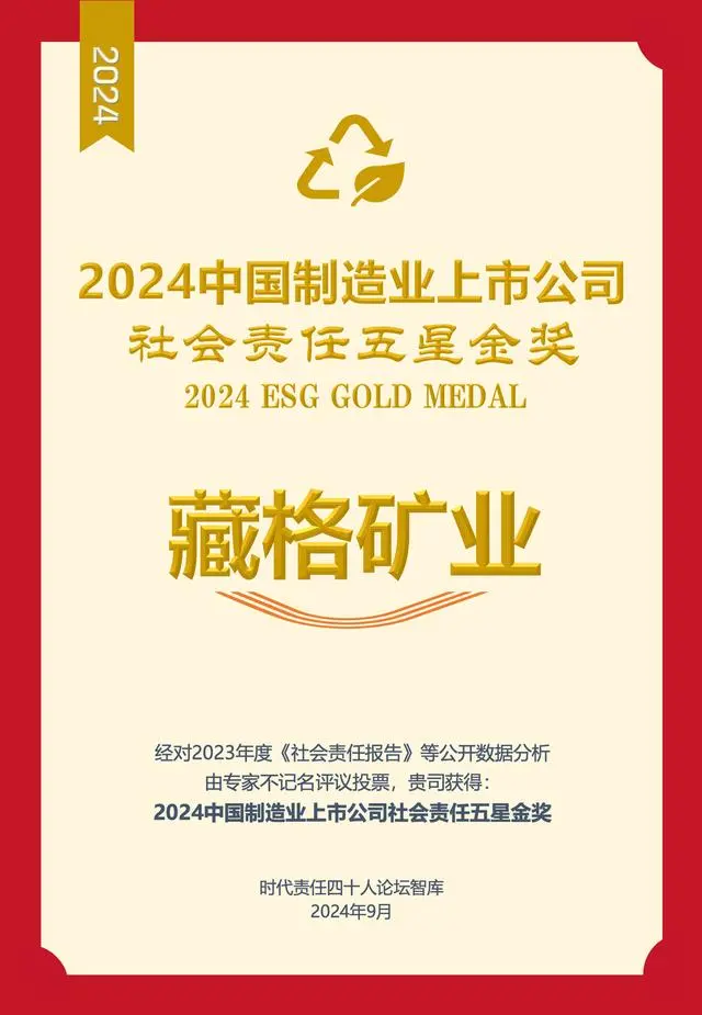 Zangge Mining Wins 2024 Five-Star Gold Award for Corporate Social Responsibility among Chinese Listed Manufacturing Companies Zangge Mining Wins 2024 Five-Star Gold Award for Corporate Social Responsibility among Chinese Listed Manufacturing Companies